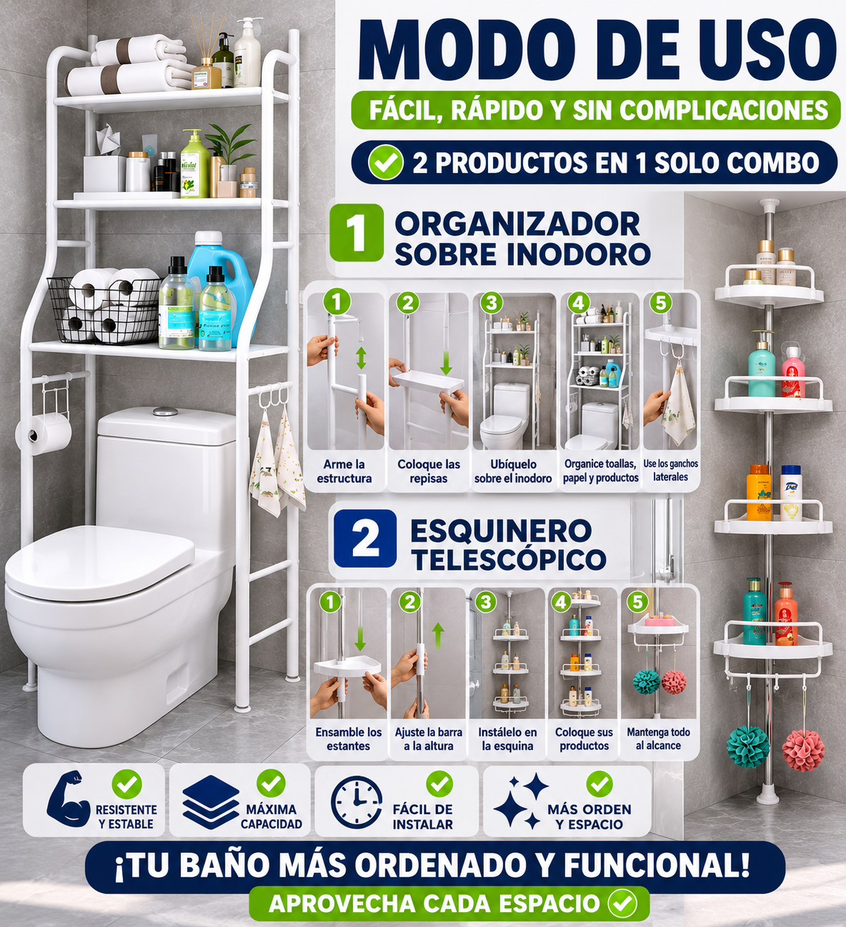 DUOSPACE- COMBO 2 EN 1 ORGANIZADOR + ESQUINERO DE BAÑO MATERIAL REFORZADO