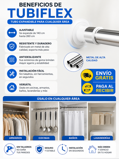 TUBIFLEX - TUBO EXPANDIBLE PARA COCINAS-ARMARIOS-BAÑOS-LAVANDERIAS -ACERO INOXIDABLE MATERIAL REFORZADO