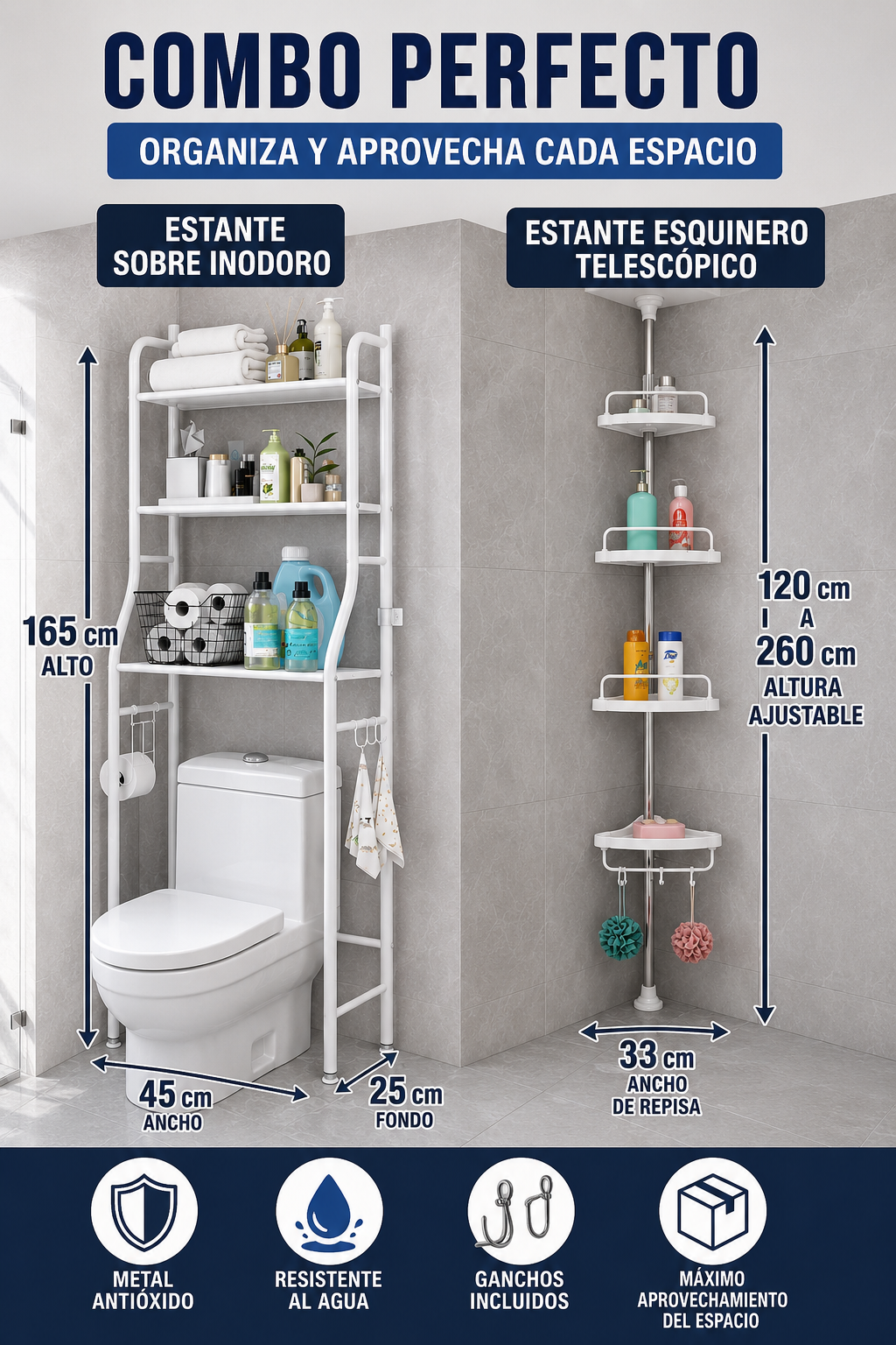 DUOSPACE- COMBO 2 EN 1 ORGANIZADOR + ESQUINERO DE BAÑO MATERIAL REFORZADO