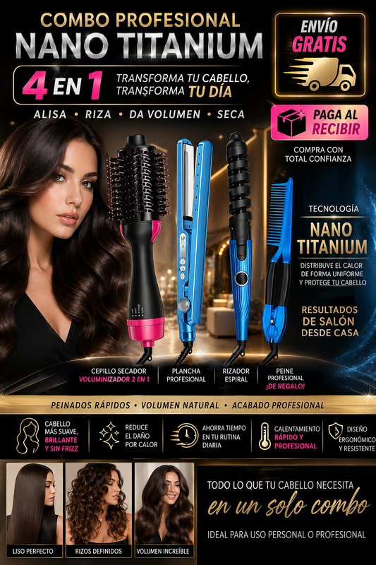 COMBO TITANIUM 4 EN 1 PLANCHA+RISADOR+CEPILLLO SECADOR + REGALO PEINE PROFESIONAL