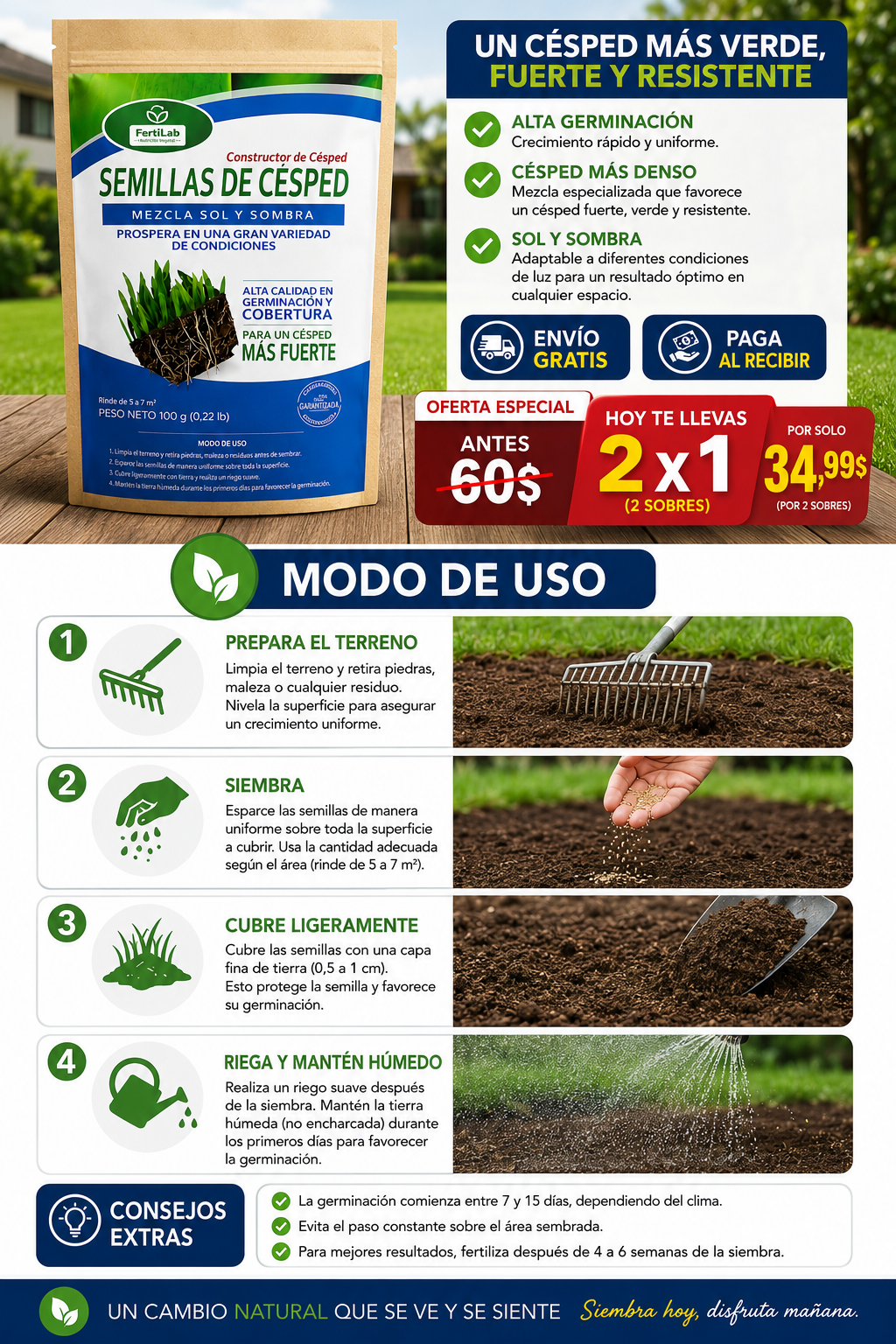GREENFUSION - 2x1 SEMILLAS DE CESPED CON FORMULA DE GERMINACION RAPIDA DALE NUEVA VIDA A TU HOGAR