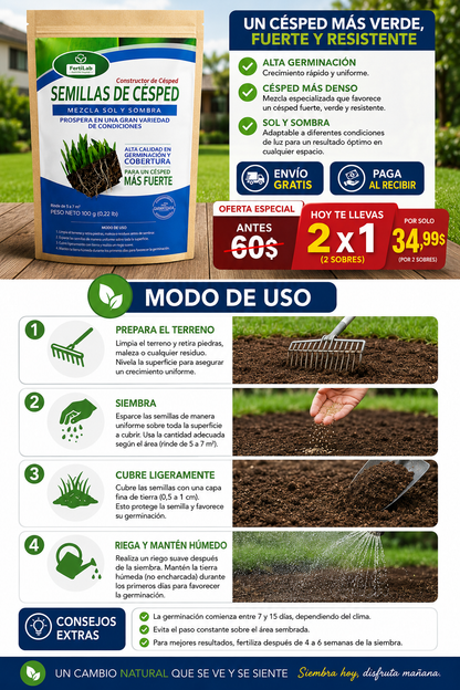 GREENFUSION - 2x1 SEMILLAS DE CESPED CON FORMULA DE GERMINACION RAPIDA DALE NUEVA VIDA A TU HOGAR