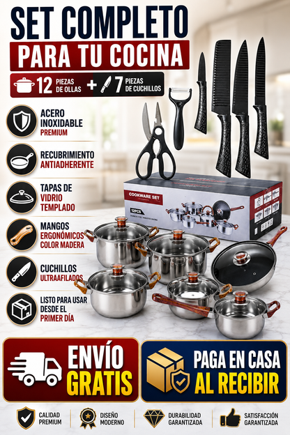 SUPER SET DE OLLAS + SET DE CUCHILLOS DE ACERO INOXIDABLE CON MATERIAL REFORZADO CAMBIA TU COCINA