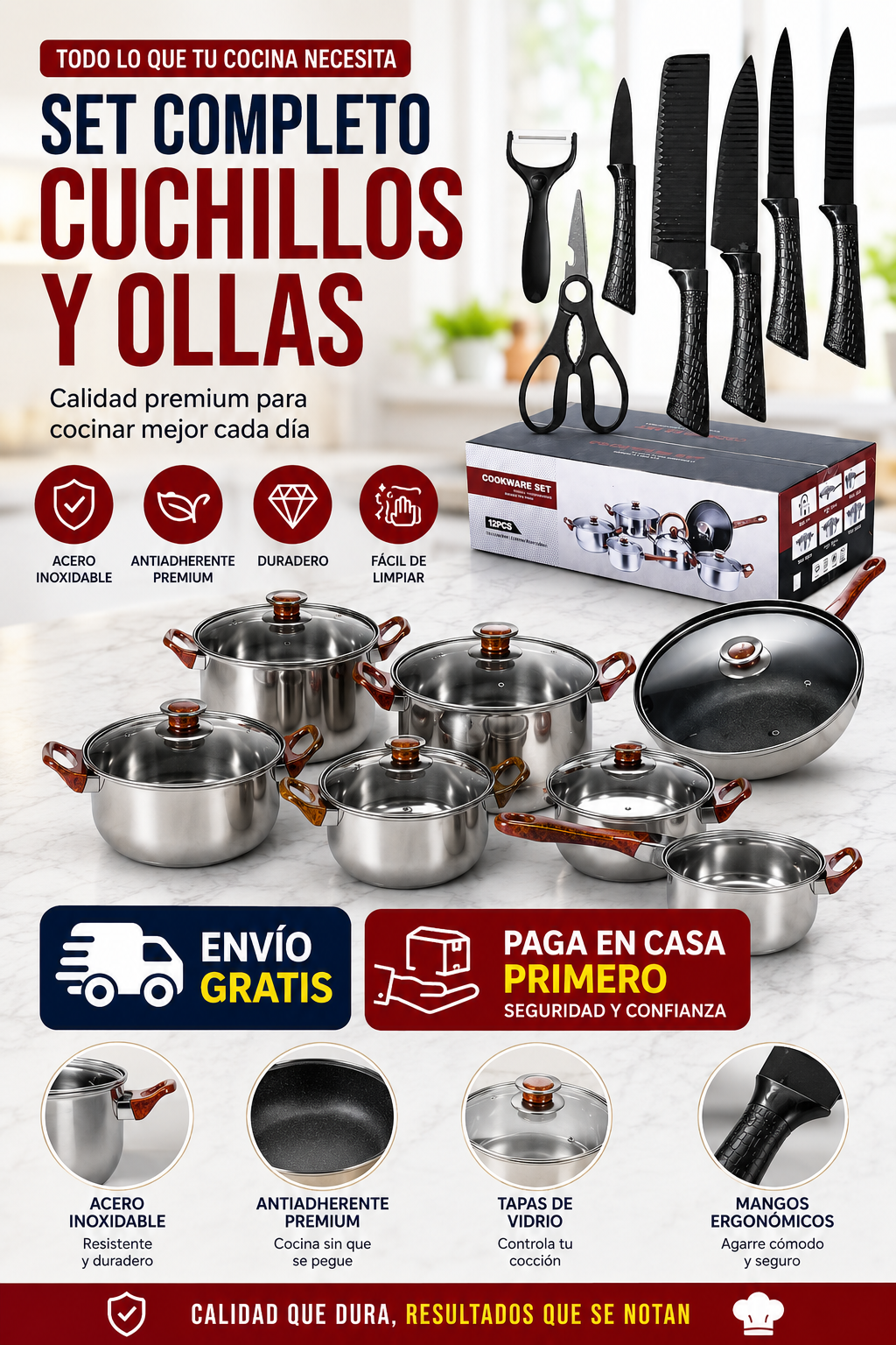 SUPER SET DE OLLAS + SET DE CUCHILLOS DE ACERO INOXIDABLE CON MATERIAL REFORZADO CAMBIA TU COCINA