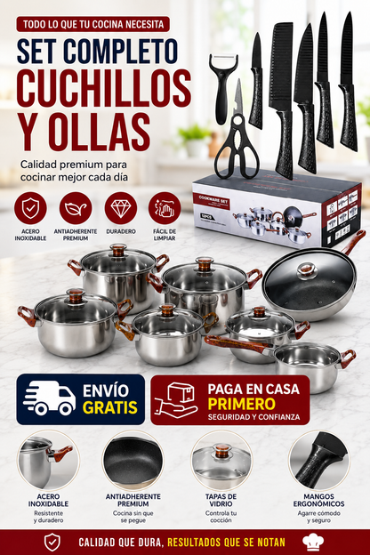 SUPER SET DE OLLAS + SET DE CUCHILLOS DE ACERO INOXIDABLE CON MATERIAL REFORZADO CAMBIA TU COCINA