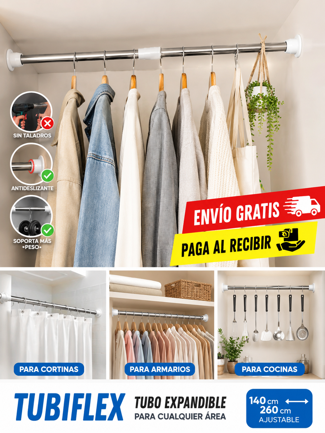 TUBIFLEX - TUBO EXPANDIBLE PARA COCINAS-ARMARIOS-BAÑOS-LAVANDERIAS -ACERO INOXIDABLE MATERIAL REFORZADO
