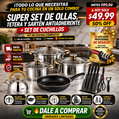 SUPER SET DE OLLAS + SET DE CUCHILLOS DE ACERO INOXIDABLE CON MATERIAL REFORZADO CAMBIA TU COCINA