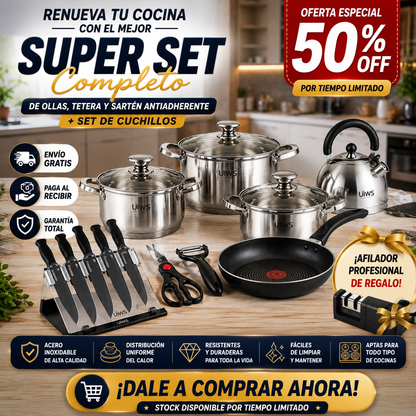 SUPER SET DE OLLAS + SET DE CUCHILLOS DE ACERO INOXIDABLE CON MATERIAL REFORZADO CAMBIA TU COCINA
