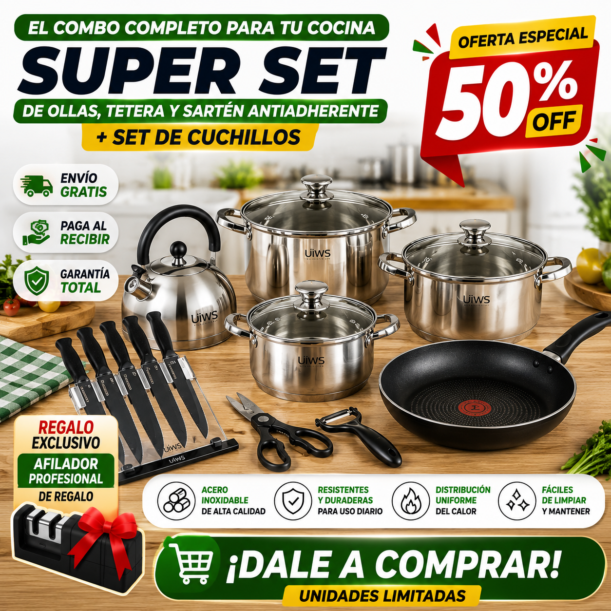 SUPER SET DE OLLAS + SET DE CUCHILLOS DE ACERO INOXIDABLE CON MATERIAL REFORZADO CAMBIA TU COCINA