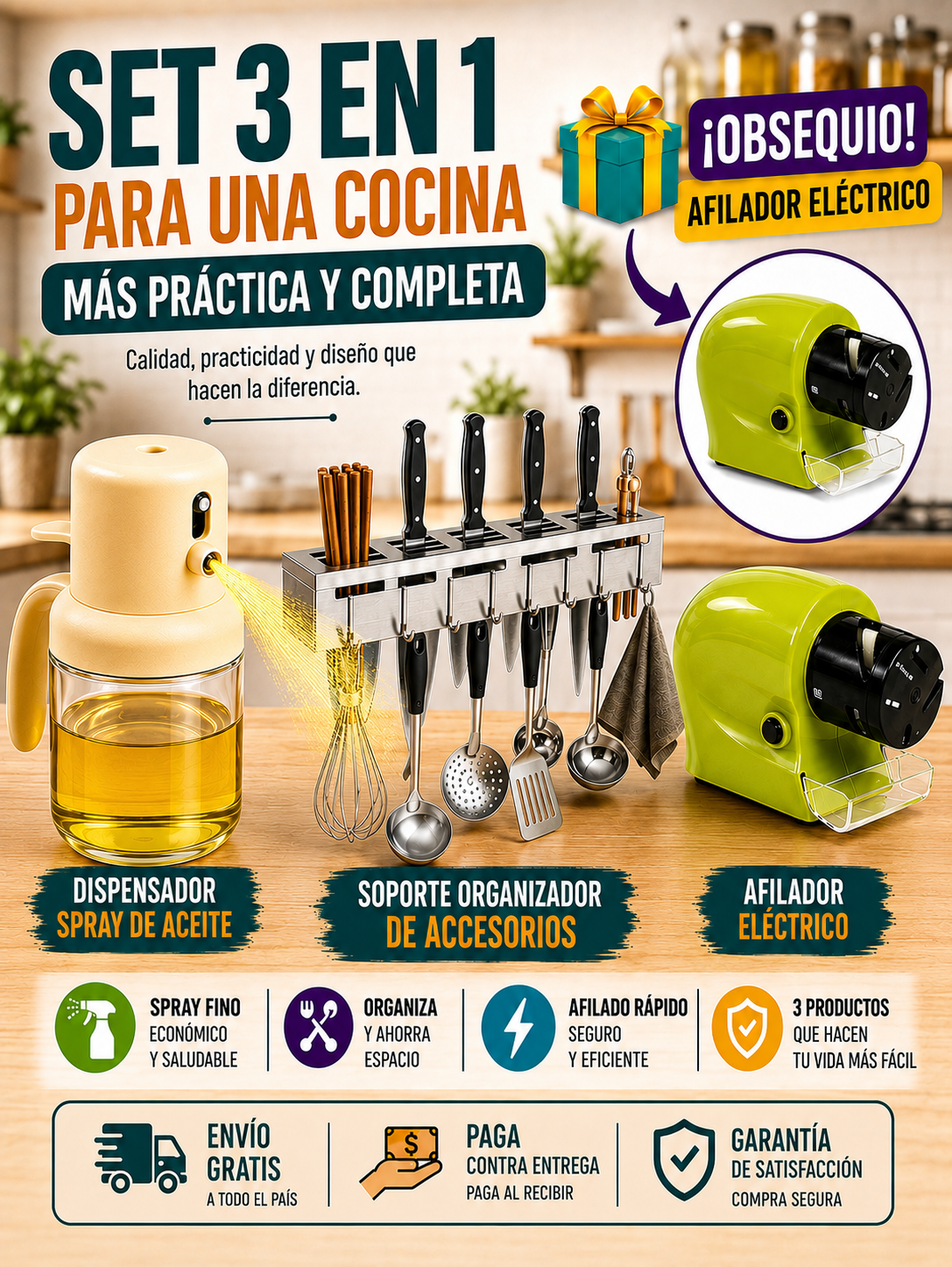 CHEFPACK - 3 EN 1 ROCIADOR DE ACEITE + SOPORTE ORGANIZADOR + AFILADOR DE CUCHILLOS  MATERIAL PREMIUM