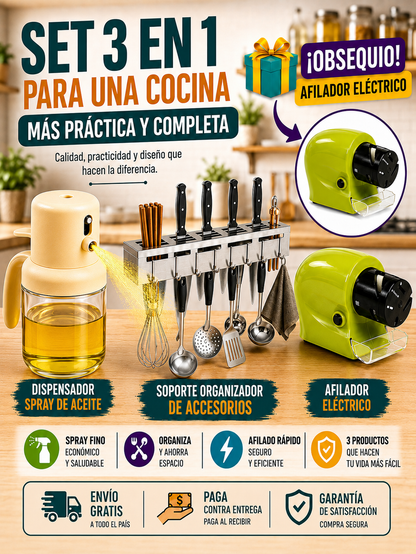 CHEFPACK - 3 EN 1 ROCIADOR DE ACEITE + SOPORTE ORGANIZADOR + AFILADOR DE CUCHILLOS  MATERIAL PREMIUM