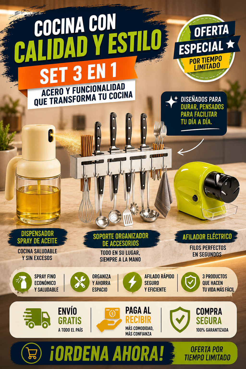 CHEFPACK - 3 EN 1 ROCIADOR DE ACEITE + SOPORTE ORGANIZADOR + AFILADOR DE CUCHILLOS  MATERIAL PREMIUM