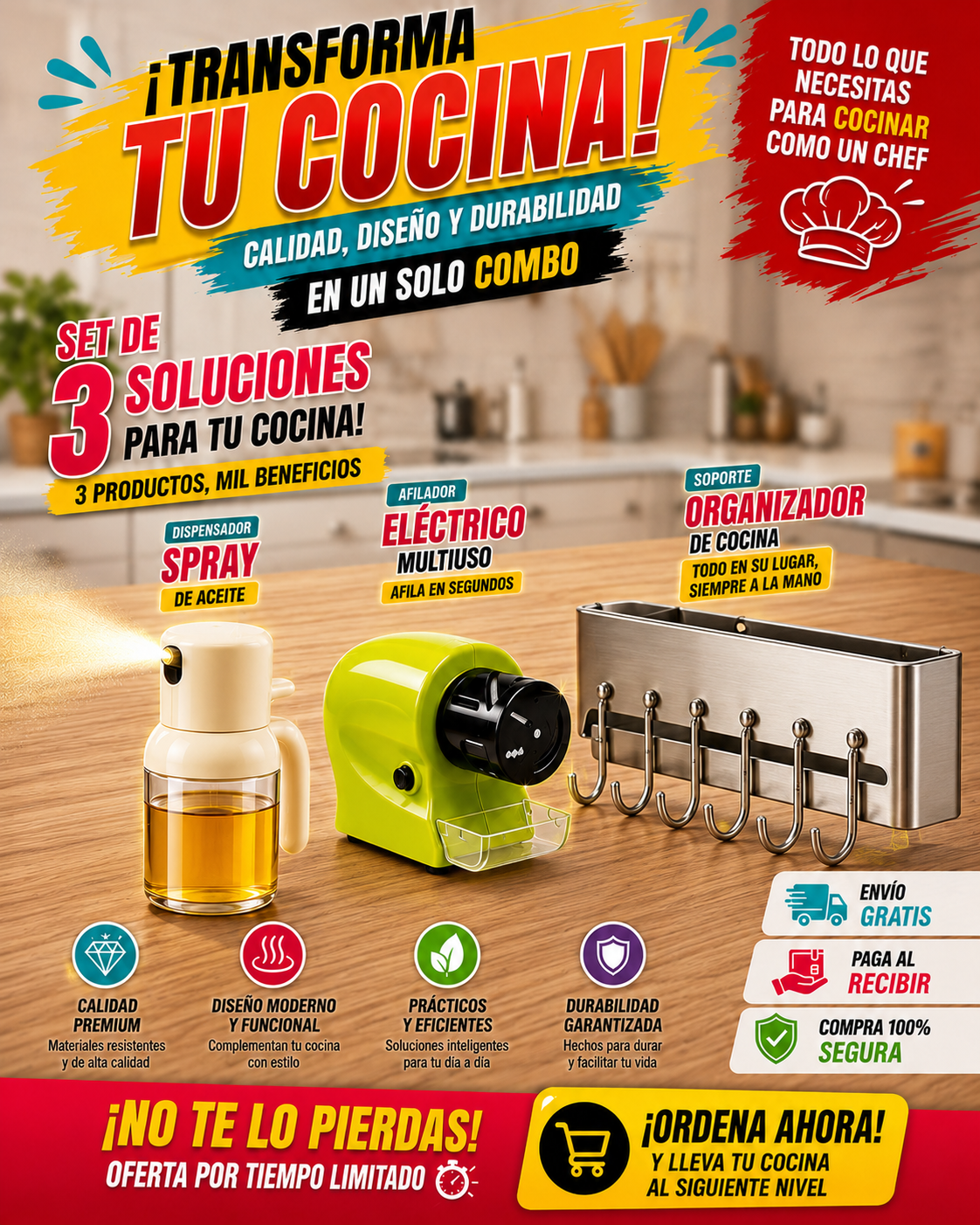 CHEFPACK - 3 EN 1 ROCIADOR DE ACEITE + SOPORTE ORGANIZADOR + AFILADOR DE CUCHILLOS  MATERIAL PREMIUM