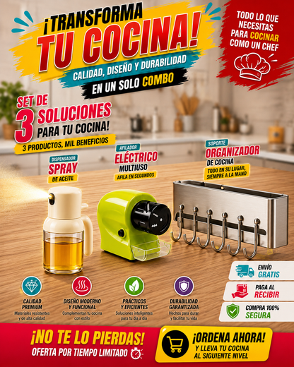 CHEFPACK - 3 EN 1 ROCIADOR DE ACEITE + SOPORTE ORGANIZADOR + AFILADOR DE CUCHILLOS  MATERIAL PREMIUM