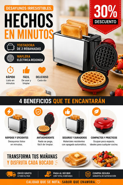 DUOCHEF - TOSTADORA + WAFLERA IMPORTADA CON MATERIALES PREMIUM IDEAL PARA TU COCINA