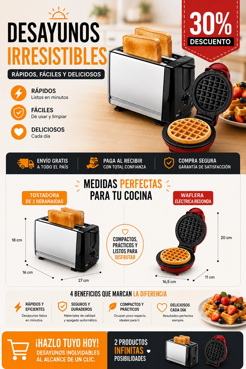 DUOCHEF - TOSTADORA + WAFLERA IMPORTADA CON MATERIALES PREMIUM IDEAL PARA TU COCINA