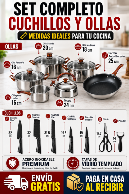 SUPER SET DE OLLAS + SET DE CUCHILLOS DE ACERO INOXIDABLE CON MATERIAL REFORZADO CAMBIA TU COCINA